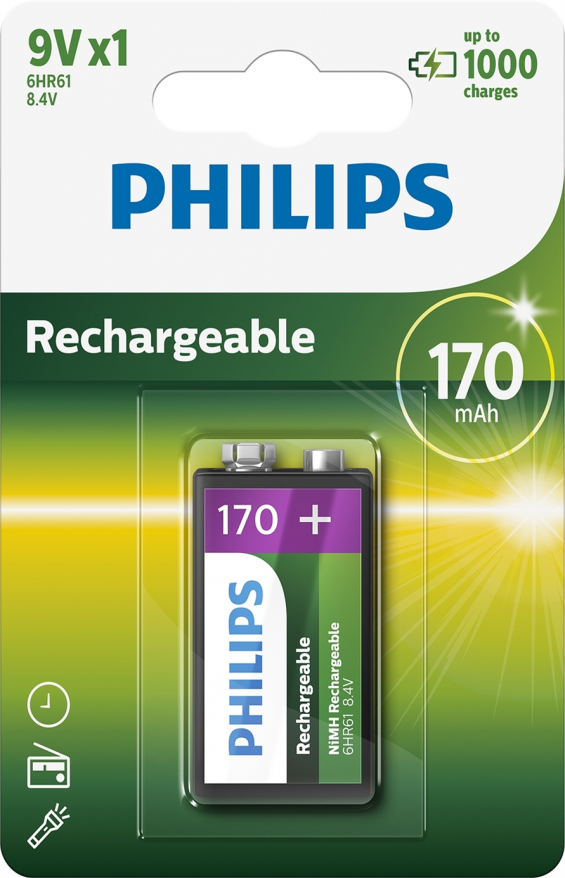 Philips 9V Genopladeligt NiMH batteri 6HR61 8,4V 170mah